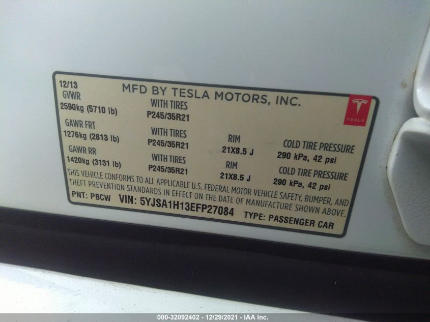 2014 TESLA MODEL S 60 KWH BATTERY/P85 5YJSA1H13EFP27084