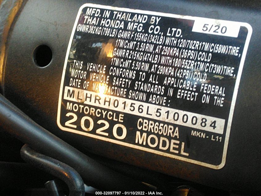 2020 HONDA CBR650 RA MLHRH0156L5100084