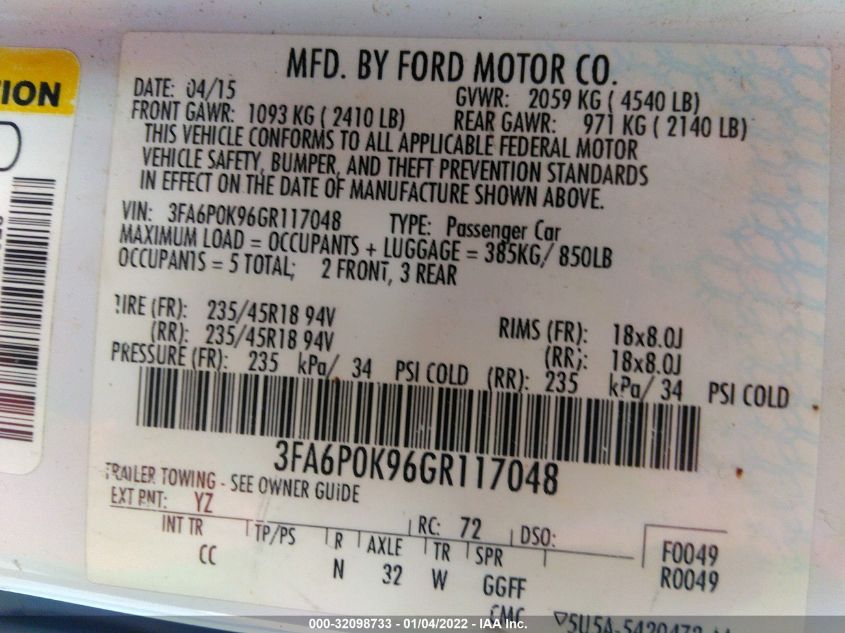 2016 FORD FUSION TITANIUM 3FA6P0K96GR117048
