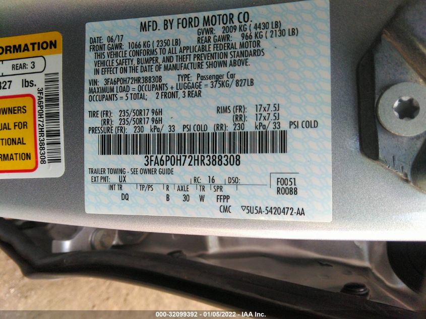 2017 FORD FUSION SE 3FA6P0H72HR388308