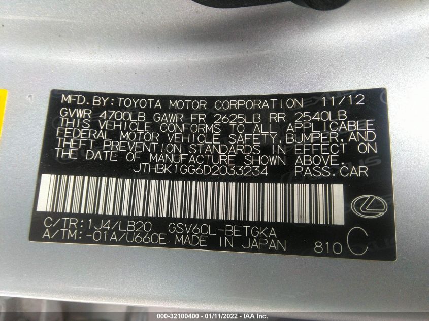 2013 LEXUS ES 350 4DR SDN JTHBK1GG6D2033234
