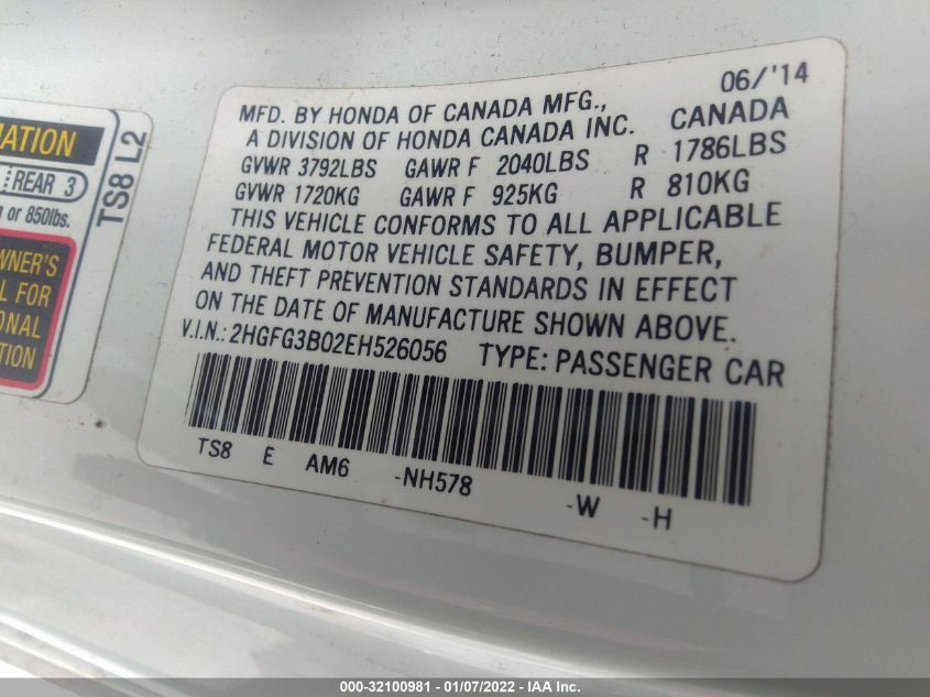 2014 HONDA CIVIC COUPE EX-L 2HGFG3B02EH526056