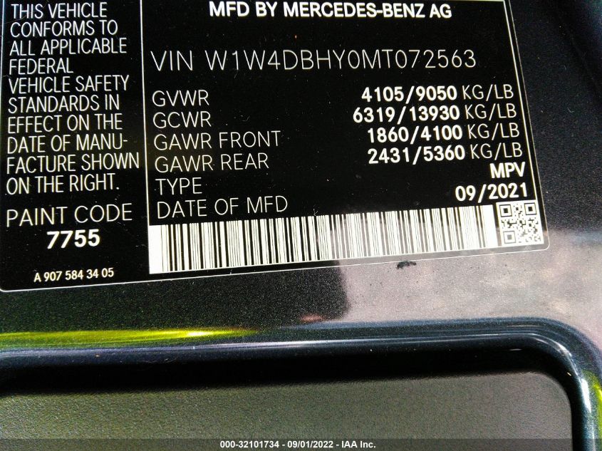 2021 MERCEDES-BENZ SPRINTER VAN W1W4DBHY0MT072563