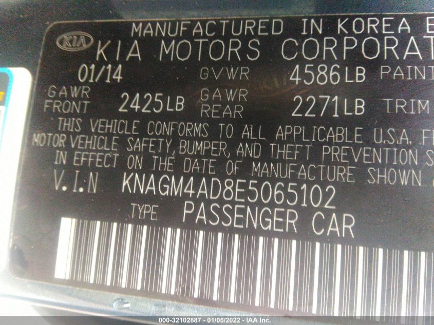 2014 KIA OPTIMA HYBRID LX KNAGM4AD8E5065102