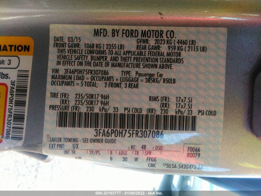 2015 FORD FUSION SE 3FA6P0H75FR307086