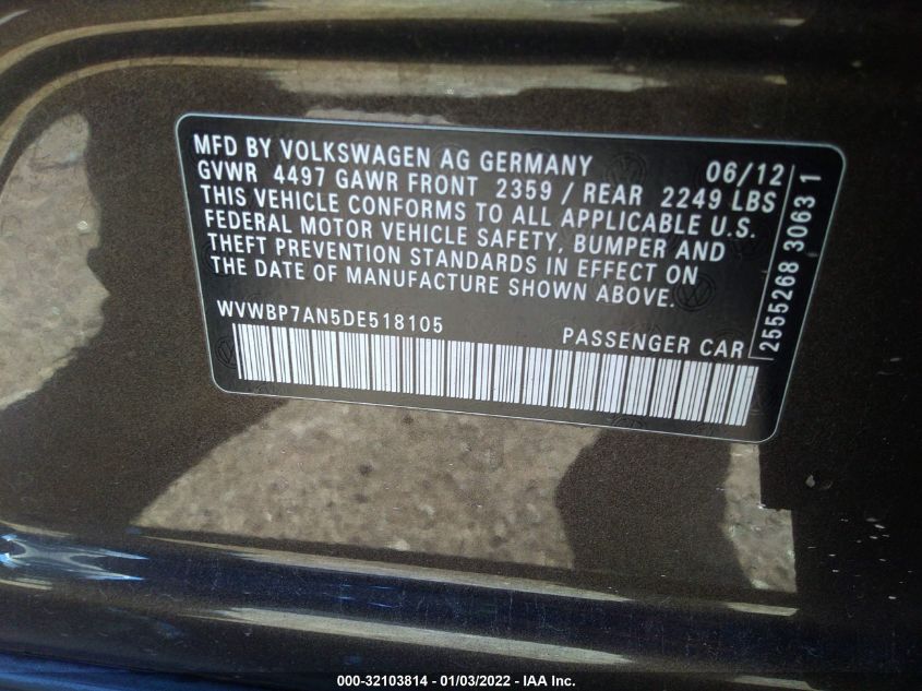 2013 VOLKSWAGEN CC SPORT WVWBP7AN5DE518105