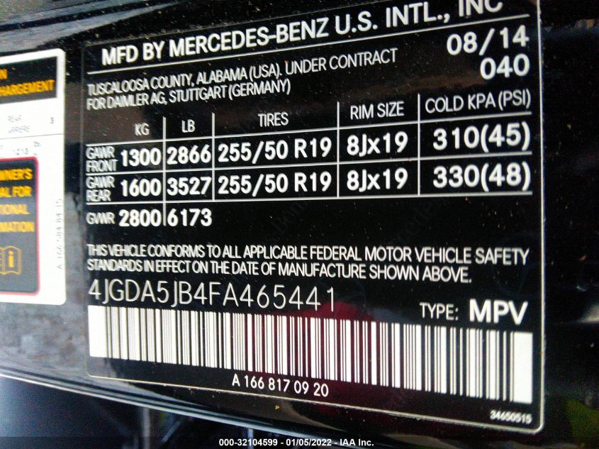 2015 MERCEDES-BENZ M-CLASS ML 350 4JGDA5JB4FA465441
