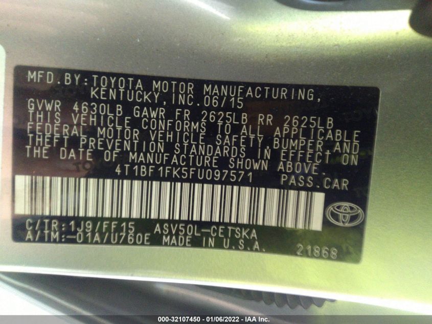 2015 TOYOTA CAMRY XLE/SE/LE/XSE 4T1BF1FK5FU097571