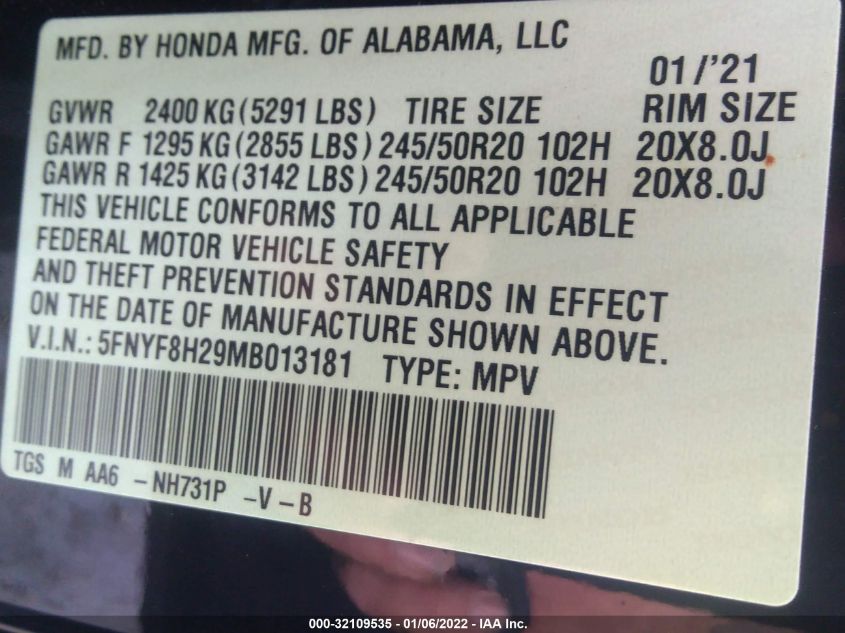 2021 HONDA PASSPORT SPORT 5FNYF8H29MB013181