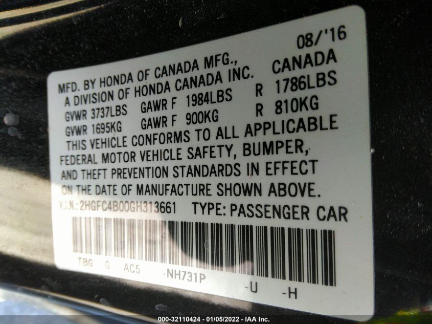 2016 HONDA CIVIC COUPE LX-P 2HGFC4B00GH313661