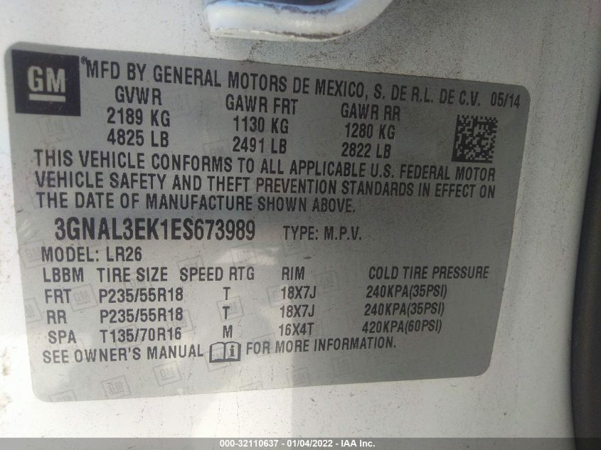 2014 CHEVROLET CAPTIVA SPORT FLEET LT 3GNAL3EK1ES673989