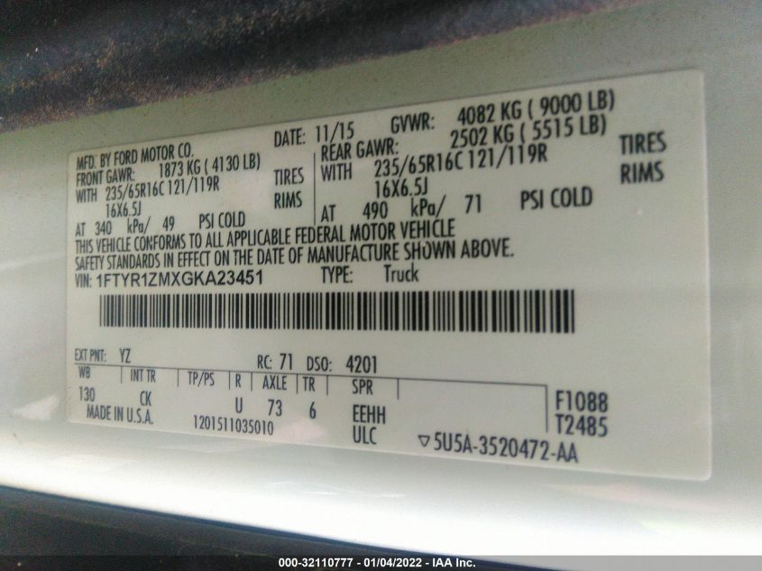 2016 FORD TRANSIT CARGO VAN 1FTYR1ZMXGKA23451