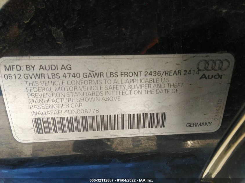 2013 AUDI A4 PREMIUM WAUAFAFL4DN008778