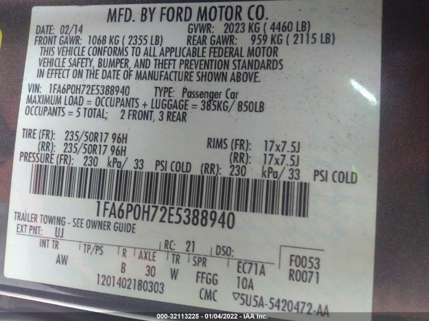 2014 FORD FUSION SE 1FA6P0H72E5388940