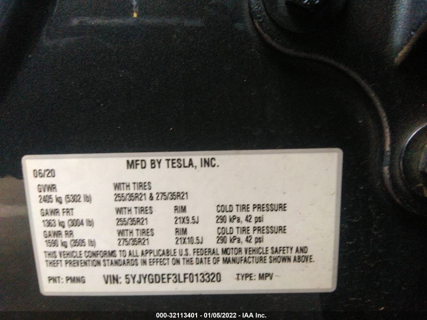 2020 TESLA MODEL Y LONG RANGE/PERFORMANCE 5YJYGDEF3LF013320
