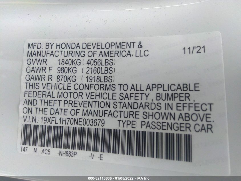 2022 HONDA CIVIC HATCHBACK EX-L 19XFL1H70NE003679