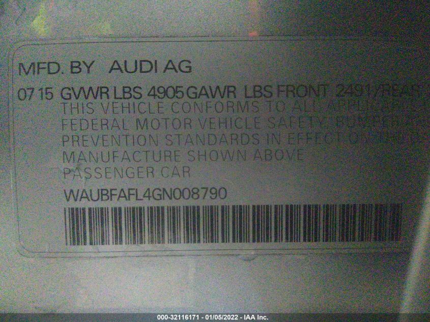 2016 AUDI A4 PREMIUM WAUBFAFL4GN008790