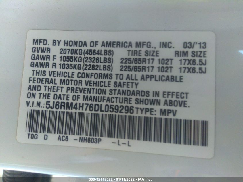 2013 HONDA CR-V EX-L 5J6RM4H76DL059296