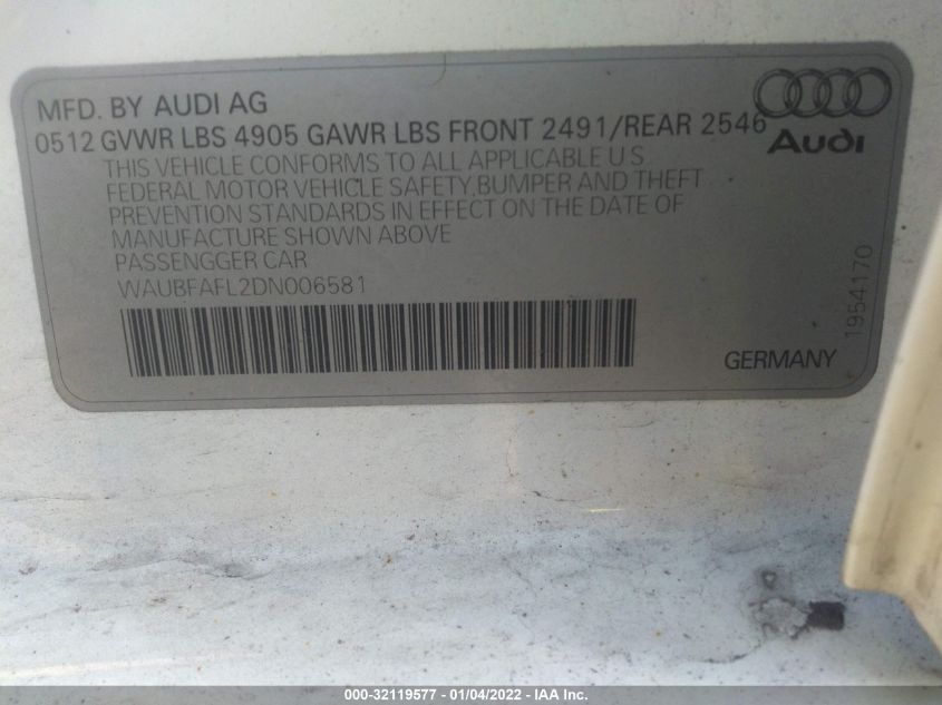 2013 AUDI A4 PREMIUM WAUBFAFL2DN006581