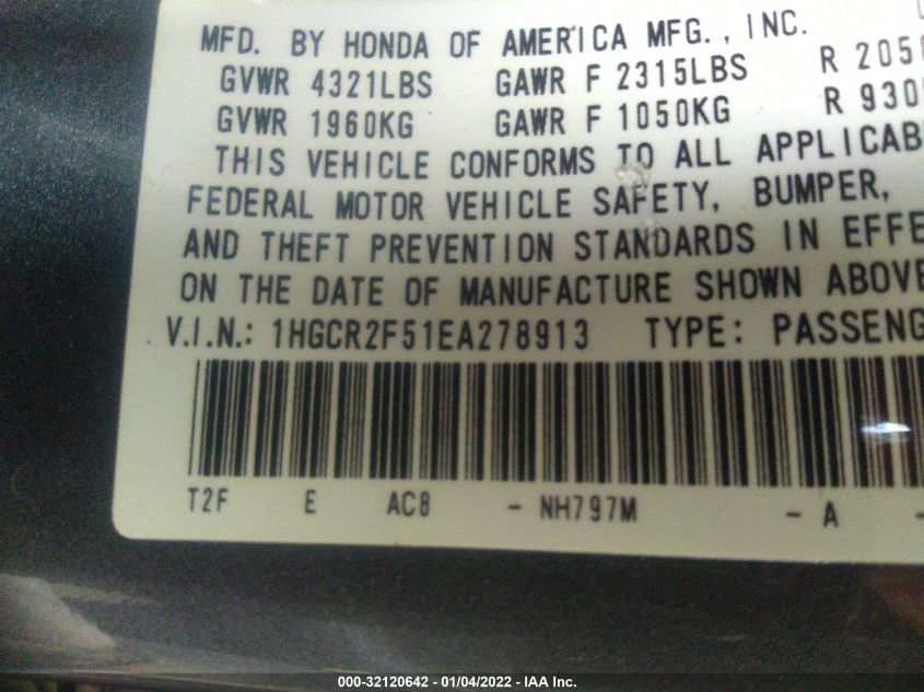 2014 HONDA ACCORD SEDAN SPORT 1HGCR2F51EA278913