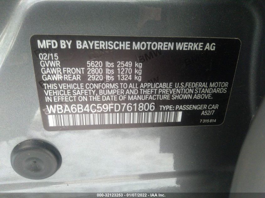 2015 BMW 6 SERIES 650I XDRIVE WBA6B4C59FD761806