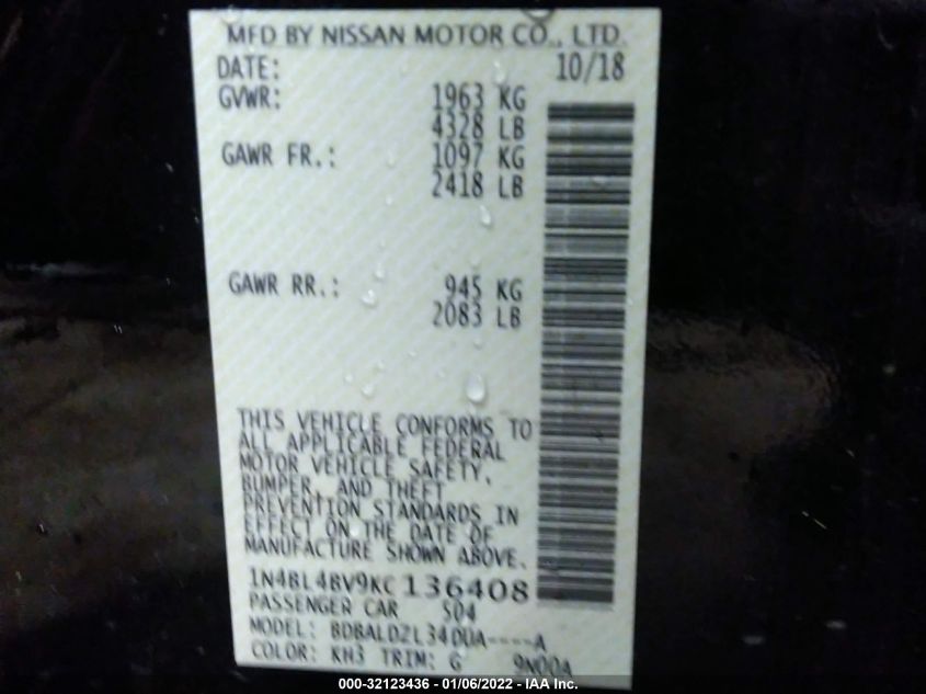2019 NISSAN ALTIMA 2.5 S 1N4BL4BV9KC136408