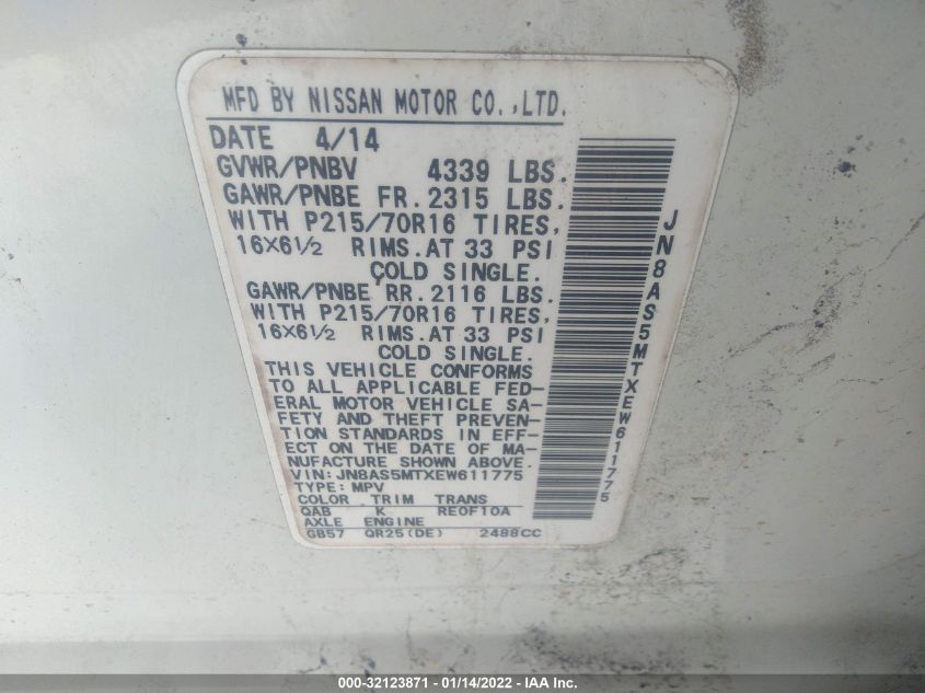 2014 NISSAN ROGUE SELECT S JN8AS5MTXEW611775