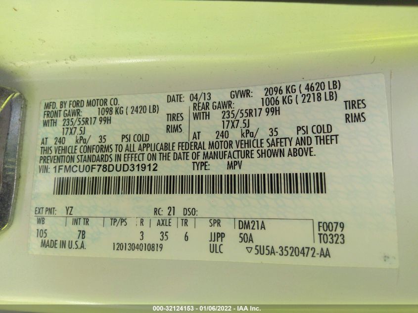 2013 FORD ESCAPE S 1FMCU0F78DUD31912