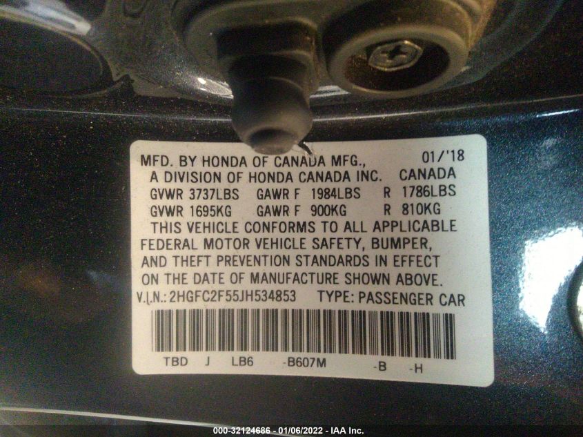 2018 HONDA CIVIC SEDAN LX 2HGFC2F55JH534853