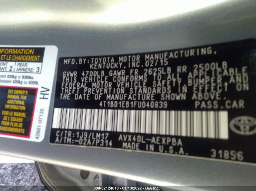 2015 TOYOTA AVALON HYBRID LIMITED 4T1BD1EB1FU040839