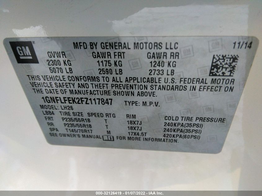 2015 CHEVROLET EQUINOX LT 1GNFLFEK2FZ117847