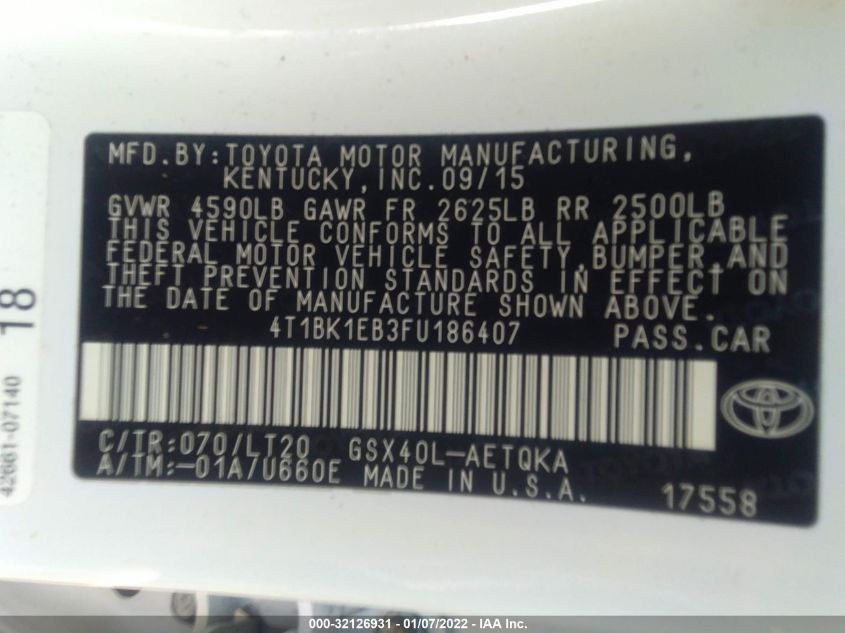 2015 TOYOTA AVALON LIMITED 4T1BK1EB3FU186407