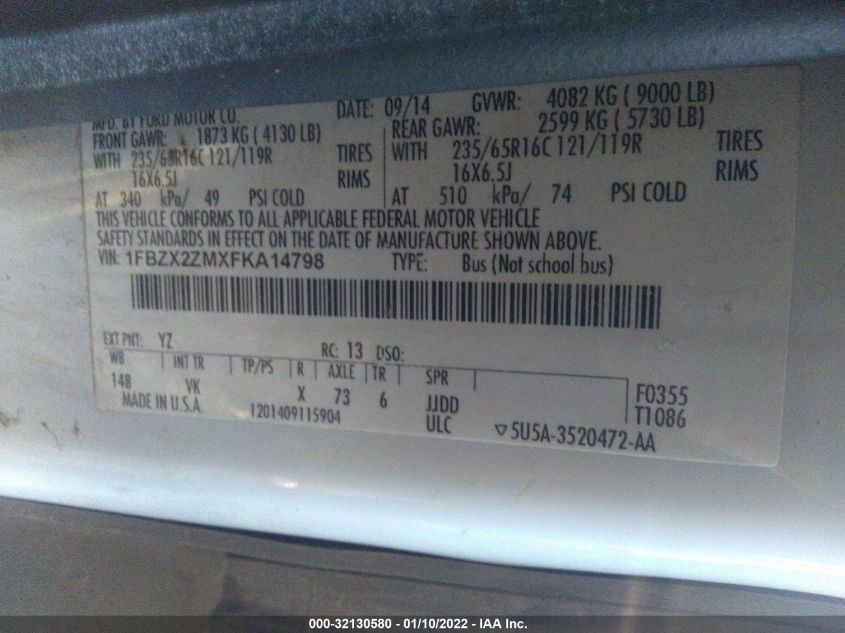 2015 FORD TRANSIT WAGON XL/XLT 1FBZX2ZMXFKA14798