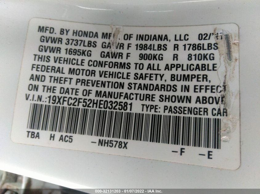 2017 HONDA CIVIC SEDAN LX 19XFC2F52HE032581