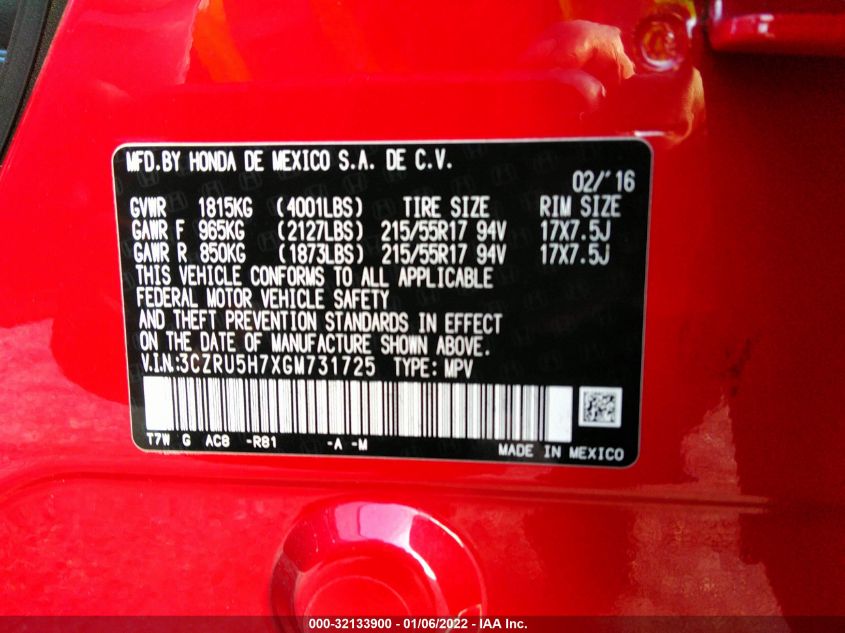 2016 HONDA HR-V EX-L W/NAVI 3CZRU5H7XGM731725
