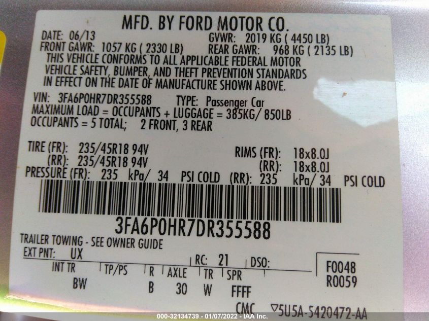 2013 FORD FUSION SE 3FA6P0HR7DR355588
