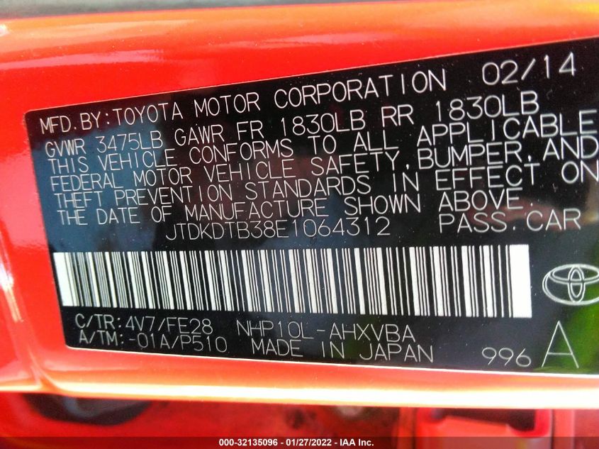 2014 TOYOTA PRIUS C ONE/THREE/TWO/FOUR JTDKDTB38E1064312