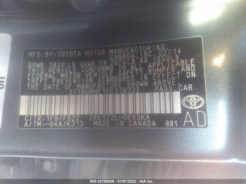 2014 TOYOTA COROLLA L/LE/S/S PLUS/LE PLUS 2T1BURHE1EC118332