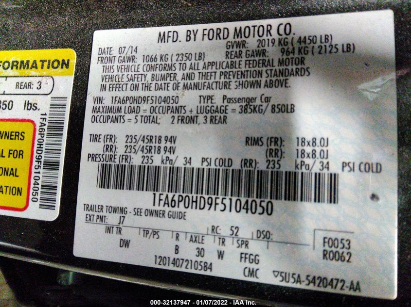 2015 FORD FUSION SE 1FA6P0HD9F5104050