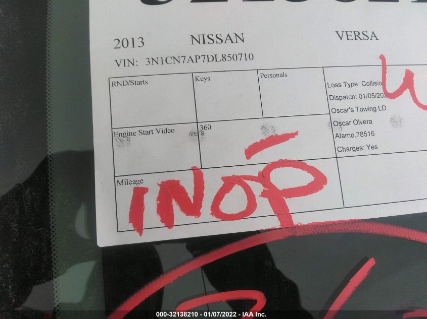 2013 NISSAN VERSA SV 3N1CN7AP7DL850710