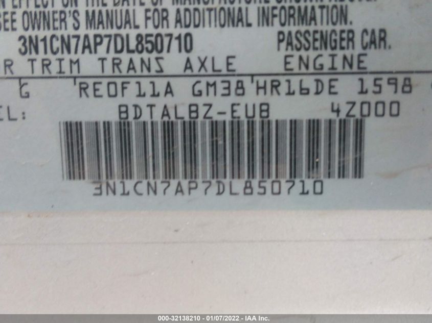 2013 NISSAN VERSA SV 3N1CN7AP7DL850710