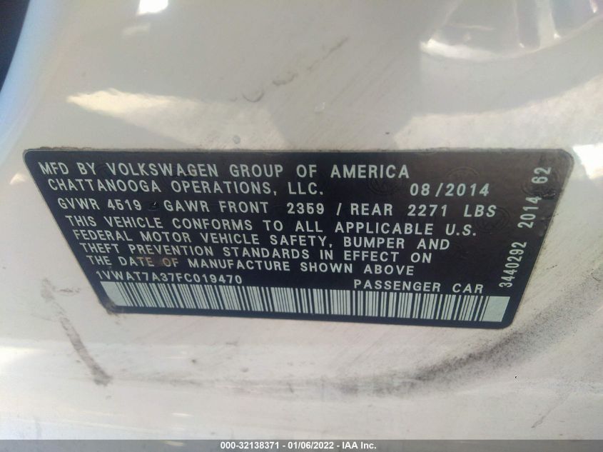 2015 VOLKSWAGEN PASSAT 1.8T S 1VWAT7A37FC019470