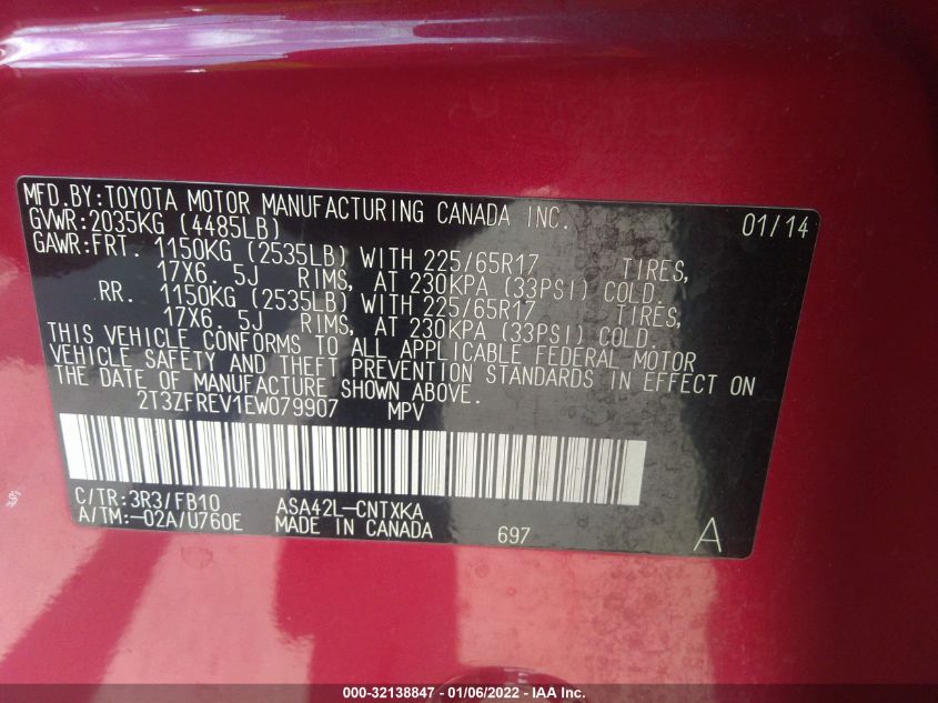 2014 TOYOTA RAV4 LE 2T3ZFREV1EW079907