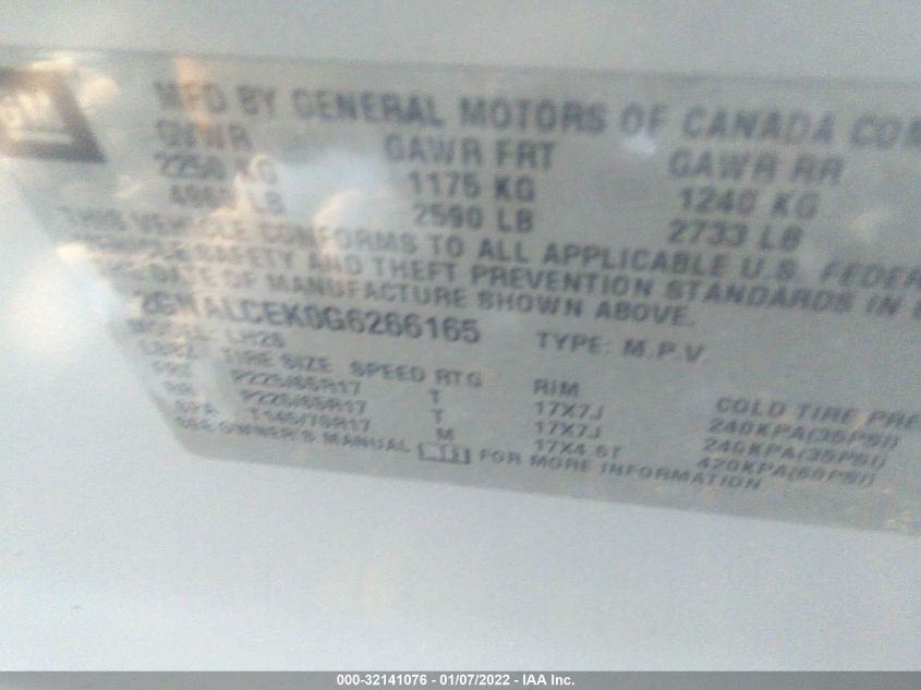 2016 CHEVROLET EQUINOX LT 2GNALCEK0G6266165