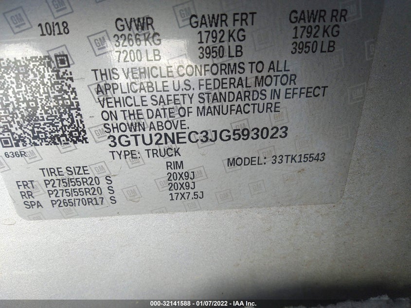 GMC SIERRA 1500 2018 VIN 3GTU2NEC3JG593023