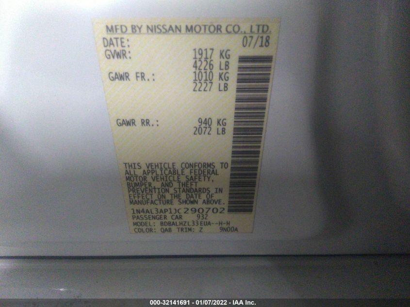 2018 NISSAN ALTIMA 2.5 SR 1N4AL3AP1JC290702