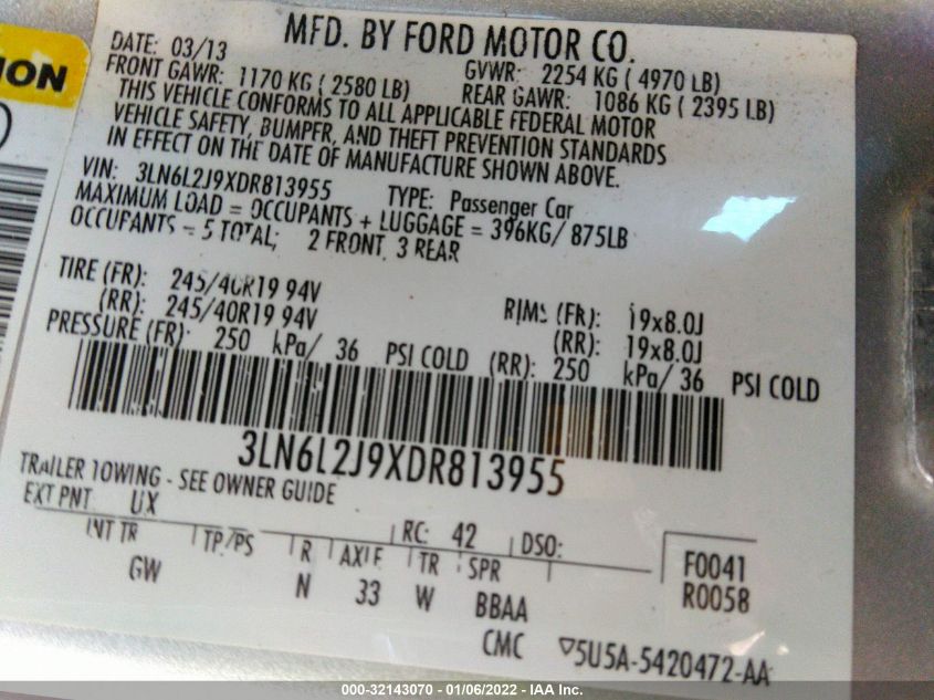 2013 LINCOLN MKZ 3LN6L2J9XDR813955