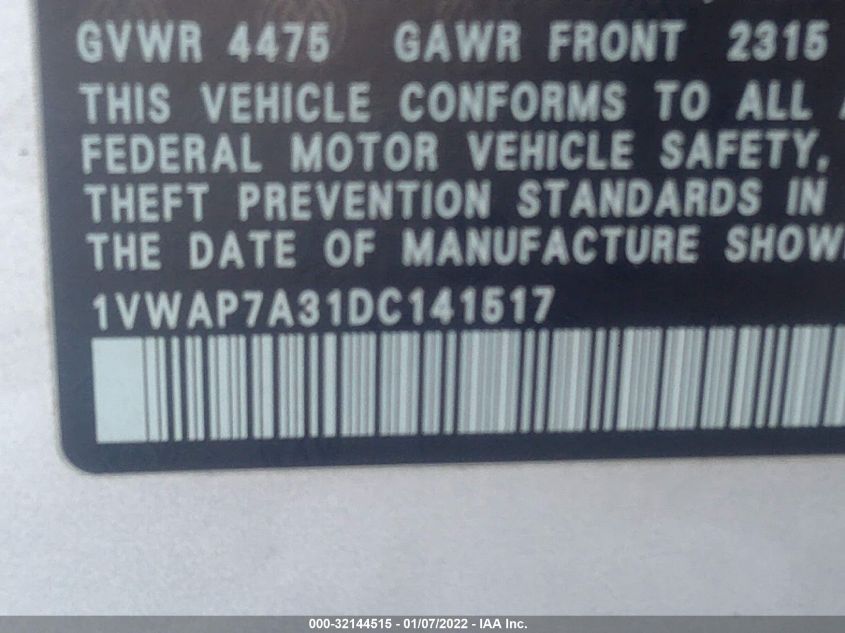 2013 VOLKSWAGEN PASSAT S 1VWAP7A31DC141517