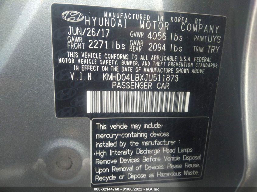 2018 HYUNDAI ELANTRA SPORT KMHD04LBXJU511873