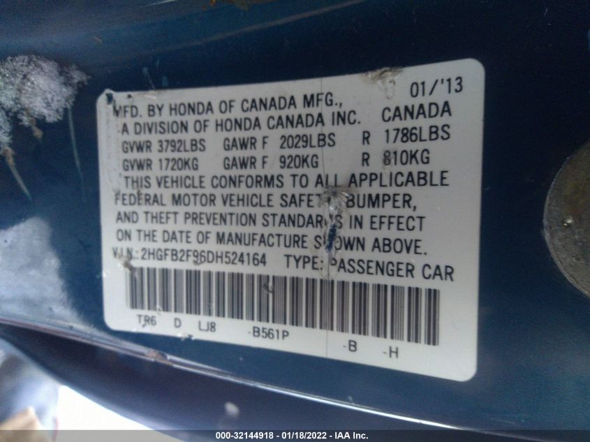 2013 HONDA CIVIC SDN EX-L 2HGFB2F96DH524164